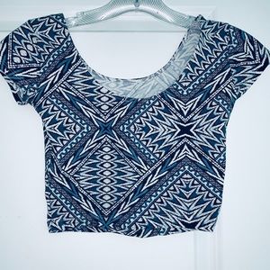 Blue/White/Black Patterned Cropped Tee
